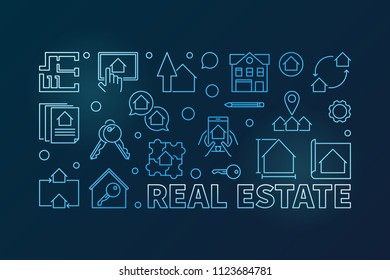 Real Estate outline vector blue horizontal illustration or banner on dark background