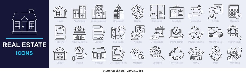 Real Estate Outline Vector Icon Collection. A set of outline icons related to property, buying, renting, house, mortgage, housing, rental of premise and more. Editable stroke. Vector illustration
