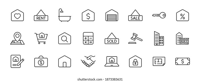 iconos vectoriales de contorno inmobiliario aislados en blanco. conjunto de iconos inmobiliarios para diseño web y ui, aplicaciones móviles y productos de impresión