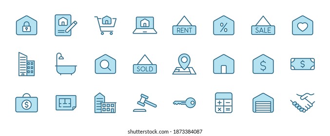 real estate outline vector icons in two colors isolated on white background. real estate blue icon set for web design, ui, mobile apps and print