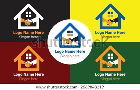 Real estate partnership vector logo design showing handshake inside home, symbolizing property deal, business agreement, housing trust, cooperation, investment, teamwork, realtor services, mortgage