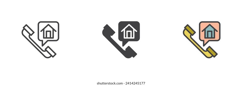 Llamada de teléfono inmobiliario diferente conjunto de iconos de estilo. Línea, glifo y contorno relleno versión colorida, contorno y signo vectorial relleno. Símbolo de reserva de casa de alquiler, ilustración del logo. Gráficos vectoriales