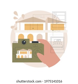 Real estate photography abstract concept vector illustration. Property photography services, realty agency advertisement, house preparation, photo editing, online listing abstract metaphor.