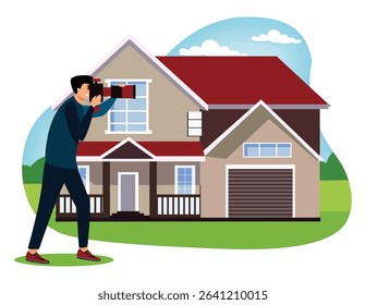  Real estate photography concept. A photographer taking pictures of a stylish house, emphasizing modern architecture, artistic endeavor, and creative aesthetics. 