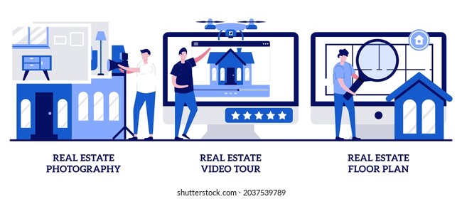 Real Estate Photography, Video Tour, Floor Plan Concept With Tiny People. Real Estate Listing Services Vector Illustration Set. Realty Agency Advertisement, Open House, Virtual Staging Metaphor.