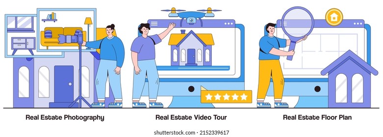 Real Estate Photography, Video Tour, Floor Plan Concepts With People Characters. Real Estate Listing Services Illustrations Pack. Realty Agency Advertisement, Open House, Virtual Staging Metaphor.