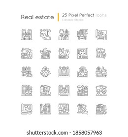 Real Estate Pixel perfekte lineare Icons Set. Wohneigentum. Hypothek. Geschäftsgeschäft. Anpassbare Dünnlinienkontursymbole. Einzige Vektorgrafik-Rahmenillustrationen. Bearbeitbarer Hub