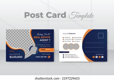 Real Estate Postcard Design Template With Creative Modern Layout. Invitation Card Design, Event Card Design, Direct Mail Template And Leaflet With White Background