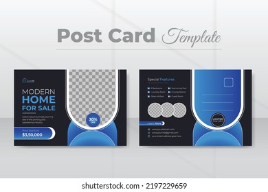 Real Estate Postcard Design Template With Creative Modern Layout. Black And Blue Invitation Card Designs, Event Card Designs, Direct Mail Templates, And Leaflets.