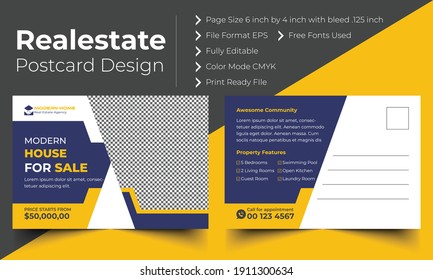 Real Estate Postcard Design Vector Business Template.Modern and Elegant Home For Sale.