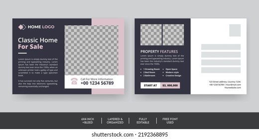 Real estate postcard template. Corporate real estate postcard template design, Modern and Elegant Postcard Template For Home Sale. Real Estate and Property Sell Postcard