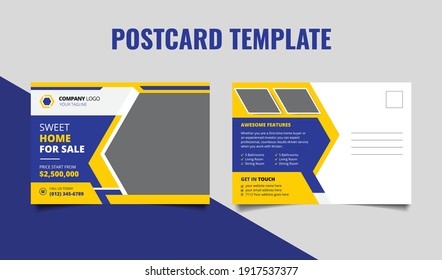 Real estate postcard template design with yellow and dark blue shape