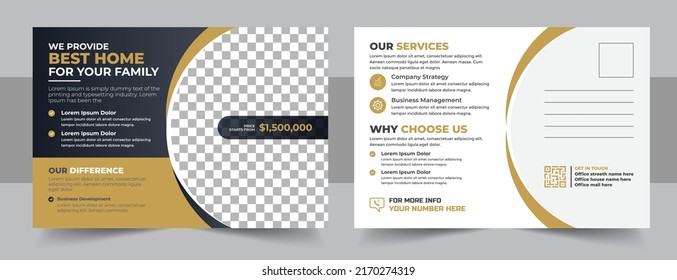 Real Estate Postcard Vector Template , Modern Postcard Template For Home Sale. Corporate real estate postcard template design, Modern and Elegant Postcard Template For Home Sale.