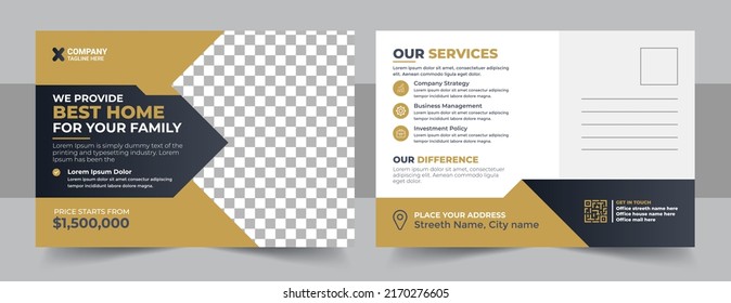 Real Estate Postcard Vector Template. Corporate real estate postcard template design, Modern and Elegant Postcard Template For Home Sale. Modern home for sale postcard design vector layout