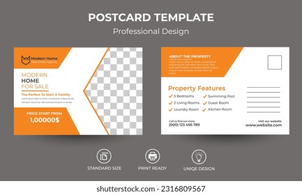 Real Estate Postcard Vektorvorlage. Corporate Real Estate Postcard Template Design, Moderne und elegante Postkartenvorlage für den Verkauf zu Hause. Modernes Zuhause für den Verkauf von Postkartendesign, Vektorgrafik-Layout