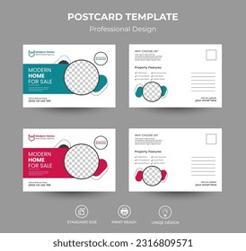 Real Estate Postcard Vector Template. Corporate real estate postcard template design, Modern and Elegant Postcard Template For Home Sale. Modern home for sale postcard design template vector layout