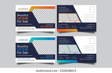 Real Estate Postcard Vector Template. Corporate real estate postcard template design. Modern home for sale postcard design template vector layout