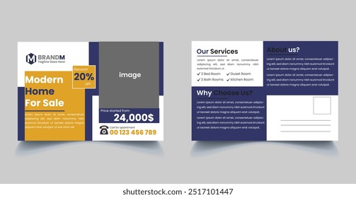 Real Estate Postcard Vector Template. Corporate real estate postcard template design, Modern and Elegant Postcard Template For Home Sale. Modern home for 