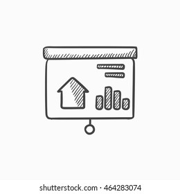 Real estate presentation on projector screen vector sketch icon isolated on background. Hand drawn Presentation on projector screen icon. Presentation sketch icon for infographic, website or app.