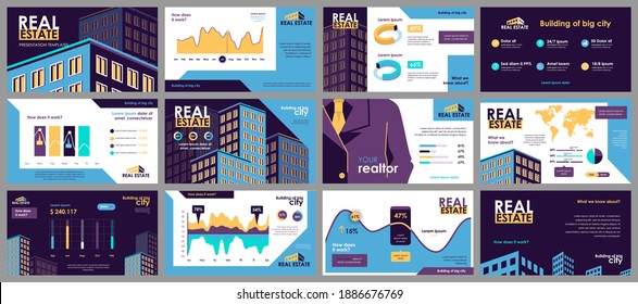 Real estate presentation slides templates from infographic elements and vector illustration. Can be used for presentation real estate agency, brochure, marketing, annual report, banner, booklet.