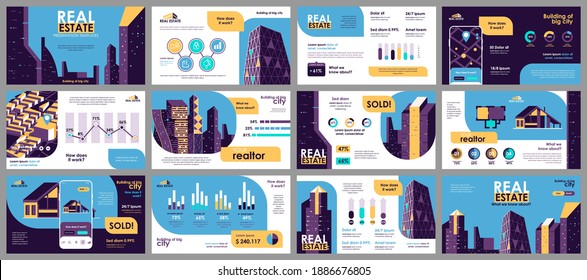 Real estate presentation slides templates from infographic elements and vector illustration. Can be used for presentation real estate agency, brochure, marketing, annual report, banner, booklet.