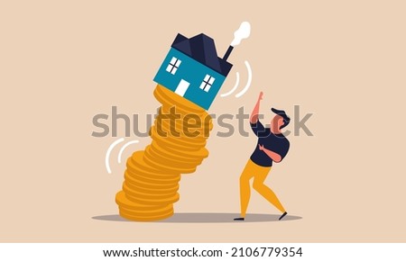 Real estate price for home and collapse coin crisis falling. Property decline value money and risk economic vector illustration concept. Home rent crash and low investment finance foreclosure low