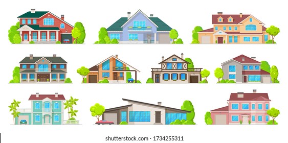 Immobilien Privatgebäude, Villen, Cottages und Bungalows Außencartoon Icons. Vector Wohnhäuser, Dorfgrundbesitzer Wohnungen Wohnungen Wohnungen, Stadt private Wohnimmobilien