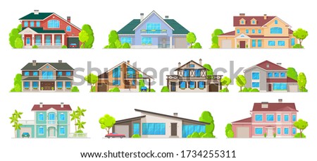 Real estate private buildings, villas, cottages and bungalow exterior cartoon icons. Vector residential homes, village real estate townhouses residence apartments, city private living property