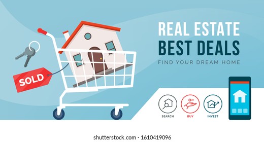 Real estate promotional advertisement with shopping cart carrying a house