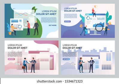 Real estate property analysis illustration set. Agent and customer talking at building for sale. Business concept. Vector illustration for landing pages, presentation slide templates