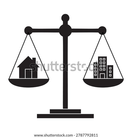 Real estate property balance scale icon comparing a residential house and city apartment buildings, representing property valuation, market comparison, investment choices, and financial stability.
