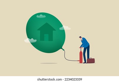 Real estate or property bubble. House mortgage interest rate rising up. real estate inflation. Businessman inflates a house symbol balloon with tire pump. illustration