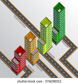 Real Estate And Property Business Infographic With Road To Isometric Building Diagram Vector Design Template