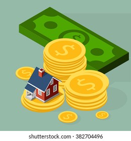 Real Estate And Property Business Isometric Building Diagram . House on stack of coins. Flat design business concept illustration.