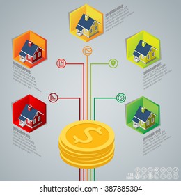 Real Estate And Property Business Isometric Building. Abstract  
infographics on the grey background, Vector illustration can be 
used for workflow layout, diagram, number options, web design.