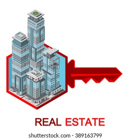 Real Estate And Property Business Isometric Building. Abstract  
infographics on the White background, Vector illustration can be 
used for workflow layout, diagram, number options, web design.