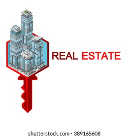 Real Estate And Property Business Isometric Building. Abstract  
infographics on the White background, Vector illustration can be 
used for workflow layout, diagram, number options, web design.