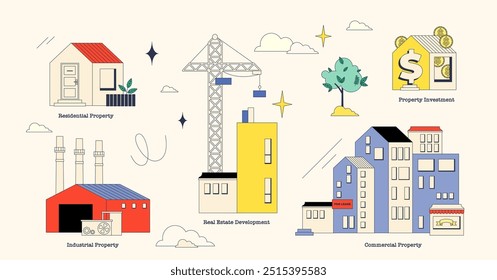 Colección de neubrutalismo de clasificación inmobiliaria e inmobiliaria. Elementos etiquetados con Ilustración vectorial de propiedades residenciales, industriales y comerciales. Desarrollo de viviendas y artículos de inversión.