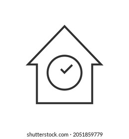 Real estate and property concept. Line icon of clock inside of simple construction with rectangular roof 