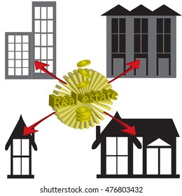 Real estate or property concept of vector with condominium home townhome commercial building on isolated white background