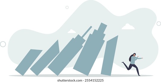 Real estate or property debt crisis causing domino effect, housing and stock market or investment asset fall down concept.flat characters.