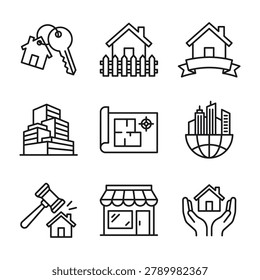 Real estate property development and housing industry outline icons collection with property building architecture development planning business