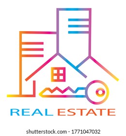 Real estate, property development logo, colorful gradient line drawing, houses, apartments and key, housing business  concept.