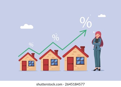 Real Estate Property Growth Chart with Increasing Percentage Arrows and Houses, Symbolizing Investment Success and Market Appreciation