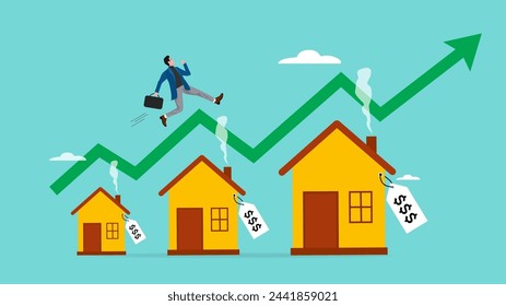 real estate or property growth concept, Housing price rising up, businessman running on rising green graph on house roof concept vector illustration with flat design style