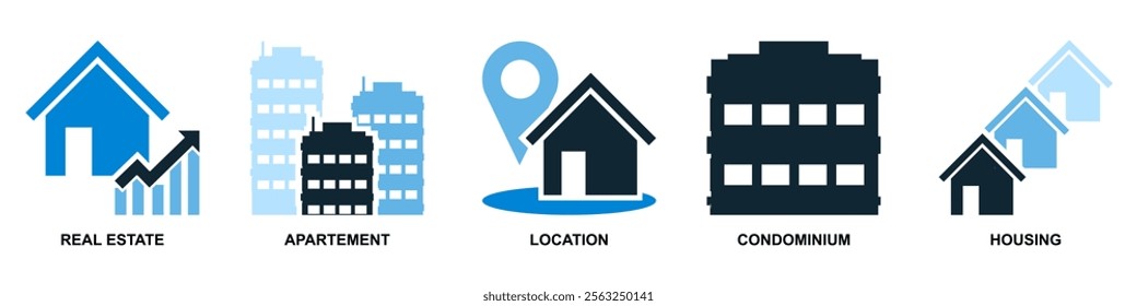 Real estate property, house residential building architecture. Containing home location, apartment, housing, condominium and bar graph vector glyphs pictogram sign icon symbol ui and ux design