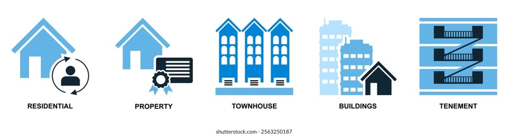 Real estate property, house residential building architecture. Containing Tenement, townhouse, certificate house building, and owner vector glyphs pictogram sign icon symbol ui and ux design