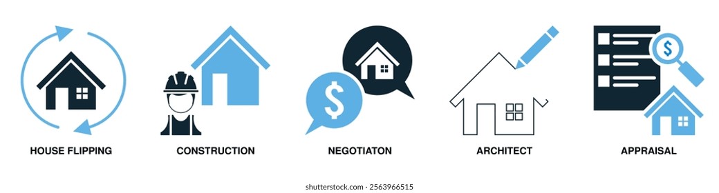 Real estate property, house residential building architecture. Containing home construction and architect, buy and sell vector glyphs pictogram sign icon symbol ui and ux design