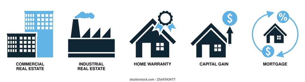 Real estate property, house residential building architecture. Containing commercial and industrial real estate, home warranty and mortgage vector glyphs pictogram sign icon symbol ui and ux design