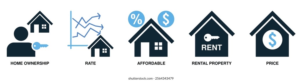 Real estate property, house residential building architecture. Containing home ownership, affordable rate, and rental price vector glyphs pictogram sign icon symbol ui and ux design